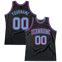 Load image into Gallery viewer, Custom Black Light Blue Pinstripe Light Blue-Pink Authentic Basketball Jersey