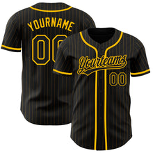 Load image into Gallery viewer, Custom Black Gold Pinstripe Black Authentic Baseball Jersey