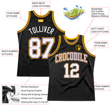 Load image into Gallery viewer, Custom Black White Purple-Gold Authentic Throwback Basketball Jersey