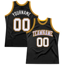 Load image into Gallery viewer, Custom Black White Purple-Gold Authentic Throwback Basketball Jersey
