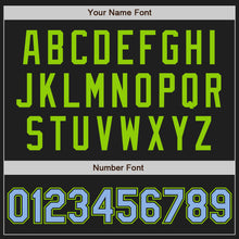 Load image into Gallery viewer, Custom Black Light Blue Pinstripe Light Blue-Neon Green Authentic Baseball Jersey