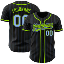 Load image into Gallery viewer, Custom Black Light Blue Pinstripe Light Blue-Neon Green Authentic Baseball Jersey
