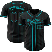 Load image into Gallery viewer, Custom Black Teal Pinstripe Black Authentic Baseball Jersey