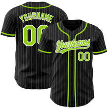 Load image into Gallery viewer, Custom Black White Pinstripe Neon Green Authentic Baseball Jersey