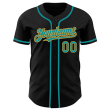 Load image into Gallery viewer, Custom Black Teal-Old Gold Authentic Baseball Jersey