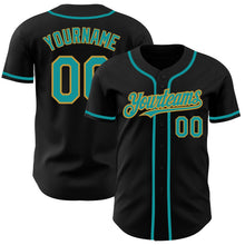 Load image into Gallery viewer, Custom Black Teal-Old Gold Authentic Baseball Jersey