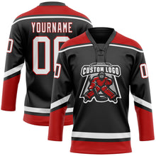 Load image into Gallery viewer, Custom Black White-Red Hockey Lace Neck Jersey