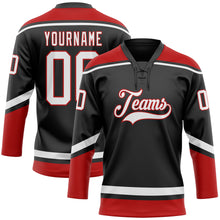 Load image into Gallery viewer, Custom Black White-Red Hockey Lace Neck Jersey