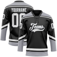Load image into Gallery viewer, Custom Black White-Gray Hockey Lace Neck Jersey