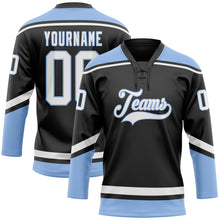 Load image into Gallery viewer, Custom Black White-Light Blue Hockey Lace Neck Jersey