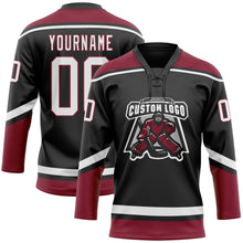 Load image into Gallery viewer, Custom Black White-Crimson Hockey Lace Neck Jersey
