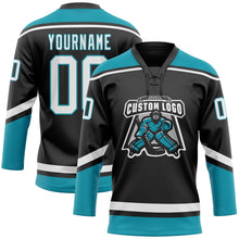 Load image into Gallery viewer, Custom Black White-Teal Hockey Lace Neck Jersey
