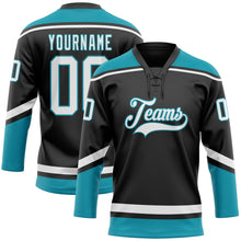 Load image into Gallery viewer, Custom Black White-Teal Hockey Lace Neck Jersey