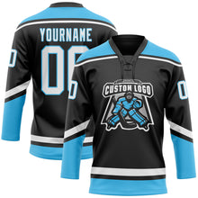 Load image into Gallery viewer, Custom Black White-Sky Blue Hockey Lace Neck Jersey