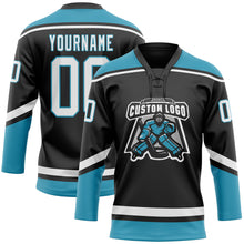 Load image into Gallery viewer, Custom Black White-Panther Blue Hockey Lace Neck Jersey