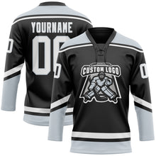 Load image into Gallery viewer, Custom Black White-Silver Hockey Lace Neck Jersey