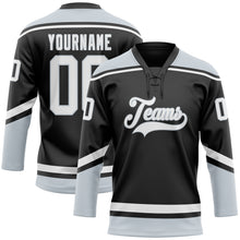 Load image into Gallery viewer, Custom Black White-Silver Hockey Lace Neck Jersey