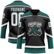 Load image into Gallery viewer, Custom Black White Gray-Midnight Green Hockey Lace Neck Jersey