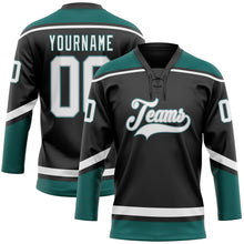 Load image into Gallery viewer, Custom Black White Gray-Midnight Green Hockey Lace Neck Jersey