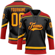 Load image into Gallery viewer, Custom Black Gold-Red Hockey Lace Neck Jersey