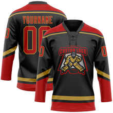 Load image into Gallery viewer, Custom Black Red-Old Gold Hockey Lace Neck Jersey