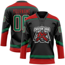 Load image into Gallery viewer, Custom Black Kelly Green-Red Hockey Lace Neck Jersey
