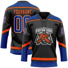 Load image into Gallery viewer, Custom Black Royal-Orange Hockey Lace Neck Jersey