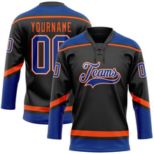 Load image into Gallery viewer, Custom Black Royal-Orange Hockey Lace Neck Jersey
