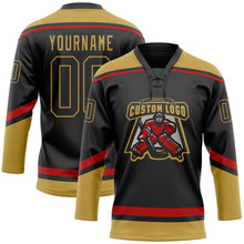 Load image into Gallery viewer, Custom Black Old Gold-Red Hockey Lace Neck Jersey