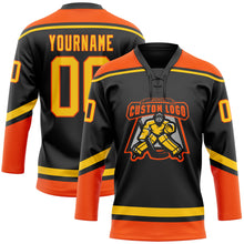 Load image into Gallery viewer, Custom Black Yellow-Orange Hockey Lace Neck Jersey