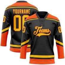 Load image into Gallery viewer, Custom Black Yellow-Orange Hockey Lace Neck Jersey