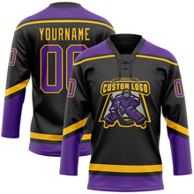Load image into Gallery viewer, Custom Black Purple-Gold Hockey Lace Neck Jersey