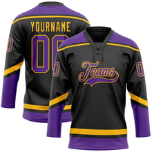 Load image into Gallery viewer, Custom Black Purple-Gold Hockey Lace Neck Jersey