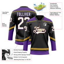 Load image into Gallery viewer, Custom Black White Old Gold-Purple Hockey Lace Neck Jersey