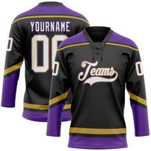 Load image into Gallery viewer, Custom Black White Old Gold-Purple Hockey Lace Neck Jersey