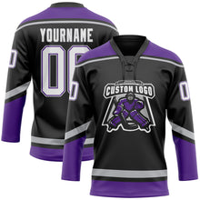 Load image into Gallery viewer, Custom Black White Purple-Gray Hockey Lace Neck Jersey