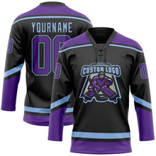 Load image into Gallery viewer, Custom Black Purple-Light Blue Hockey Lace Neck Jersey