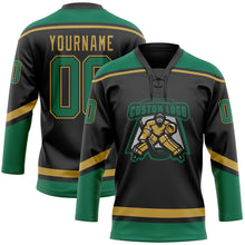Load image into Gallery viewer, Custom Black Kelly Green-Old Gold Hockey Lace Neck Jersey