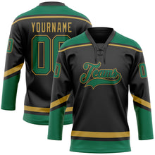 Load image into Gallery viewer, Custom Black Kelly Green-Old Gold Hockey Lace Neck Jersey