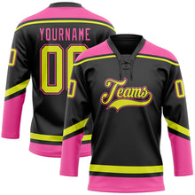 Load image into Gallery viewer, Custom Black Neon Yellow-Pink Hockey Lace Neck Jersey