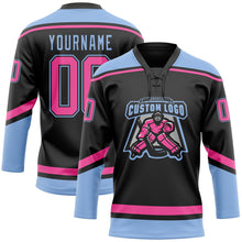 Load image into Gallery viewer, Custom Black Pink-Light Blue Hockey Lace Neck Jersey