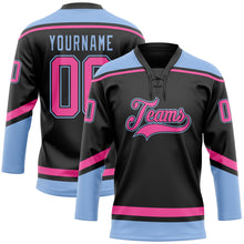 Load image into Gallery viewer, Custom Black Pink-Light Blue Hockey Lace Neck Jersey