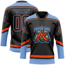 Load image into Gallery viewer, Custom Black Powder Blue-Orange Hockey Lace Neck Jersey