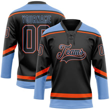 Load image into Gallery viewer, Custom Black Powder Blue-Orange Hockey Lace Neck Jersey