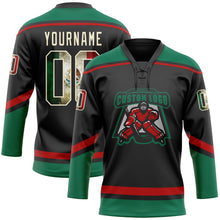 Load image into Gallery viewer, Custom Black Vintage Mexican Flag Cream Kelly Green-Red Hockey Lace Neck Jersey