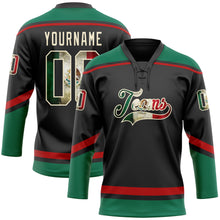 Load image into Gallery viewer, Custom Black Vintage Mexican Flag Cream Kelly Green-Red Hockey Lace Neck Jersey