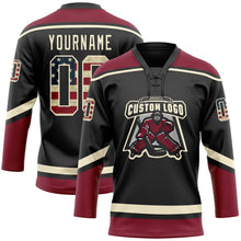 Load image into Gallery viewer, Custom Black Vintage USA Flag Cream-Crimson Hockey Lace Neck Jersey