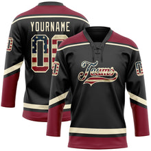Load image into Gallery viewer, Custom Black Vintage USA Flag Cream-Crimson Hockey Lace Neck Jersey
