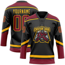 Load image into Gallery viewer, Custom Black Crimson-Gold Hockey Lace Neck Jersey