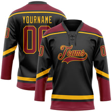 Load image into Gallery viewer, Custom Black Crimson-Gold Hockey Lace Neck Jersey